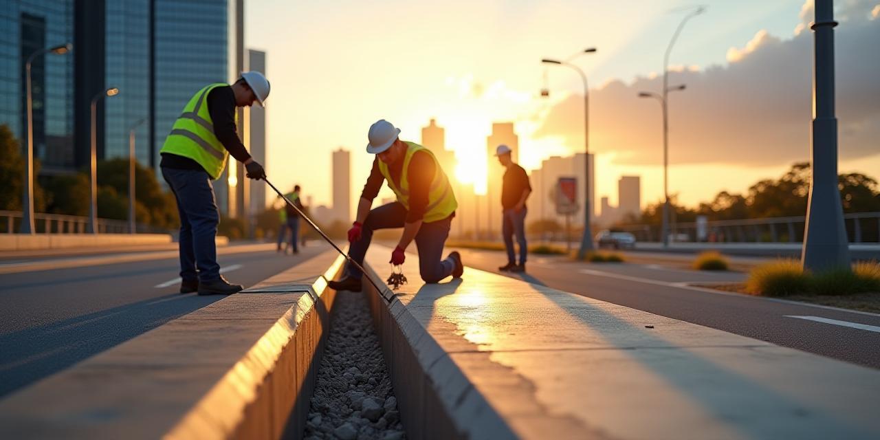 Curbrite crew installing precision concrete curbing at sunset in Perth CBD