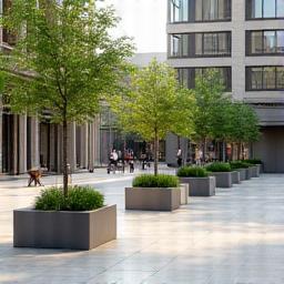 Architectural precast planter boxes in public plaza